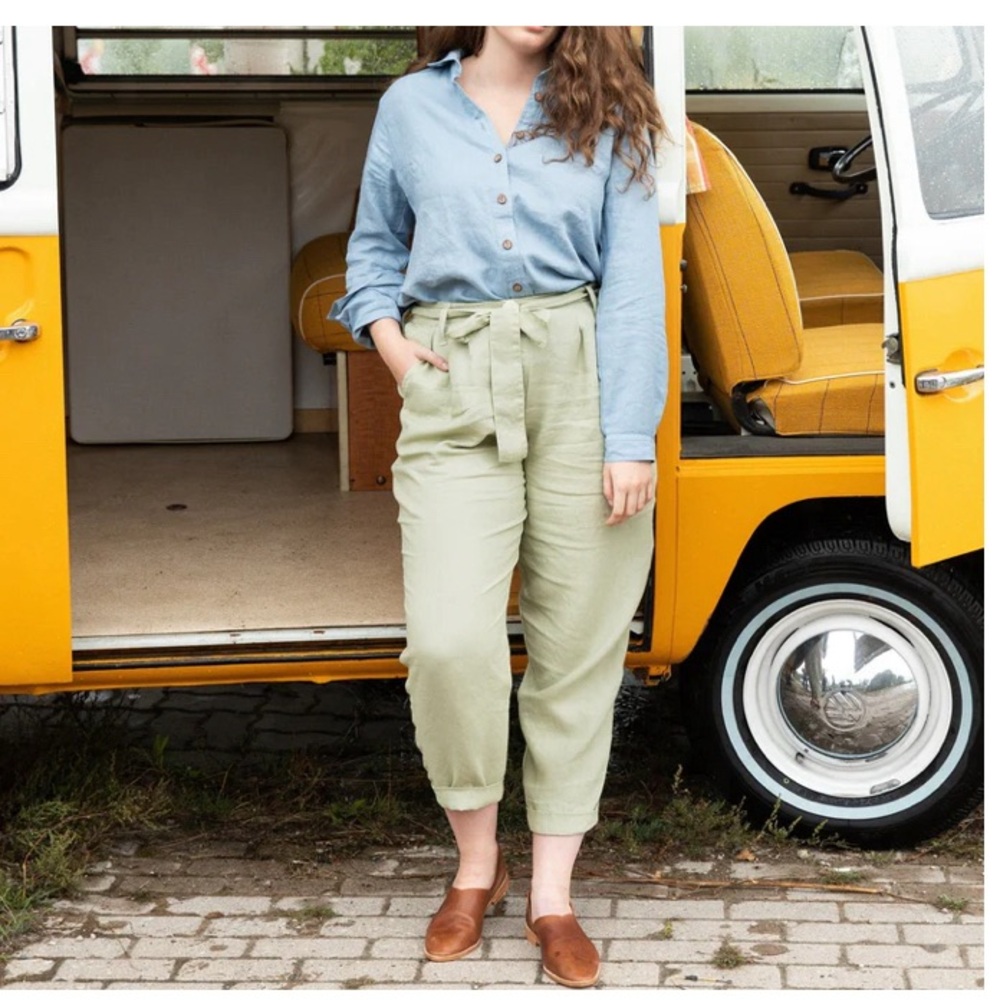 Women’s High-Waist Tie Linen Pants in Forest Green